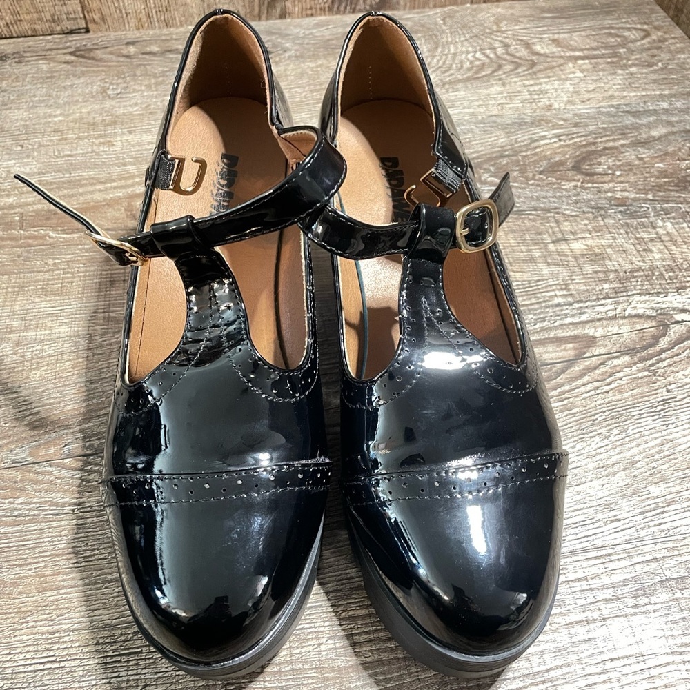 Patent T-Strap Loafers in Black with Buckle Accent